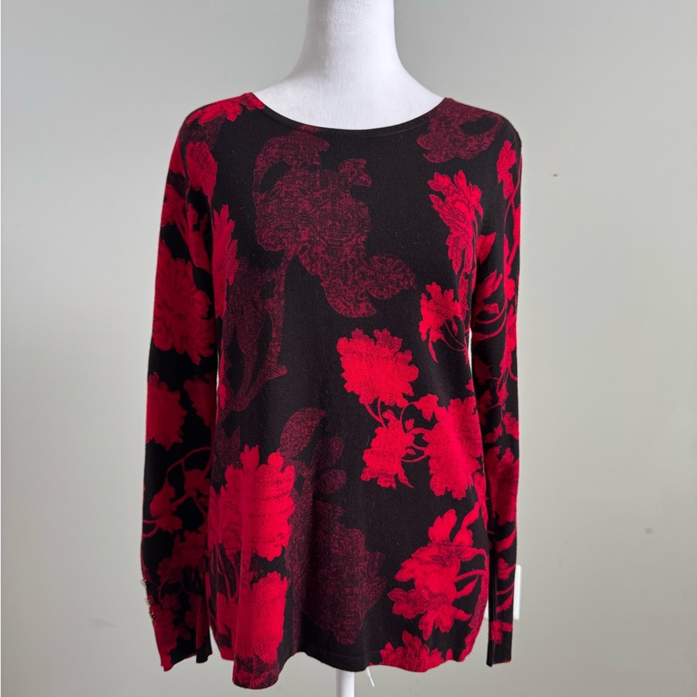 Chico's RedBlack Floral Long Sleeve Sweater Small Size 0
